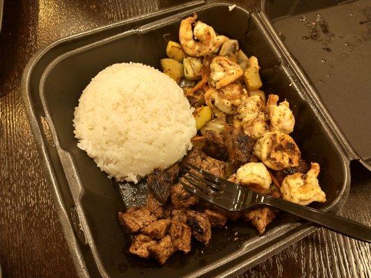 Hibachi steak and shrimp with steamed rice