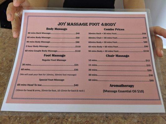 Massage prices