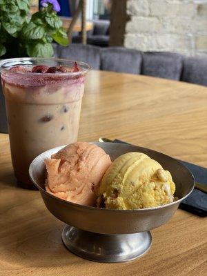 One scoop - two flavors: carrot cake ice cream and guava saffron sorbet