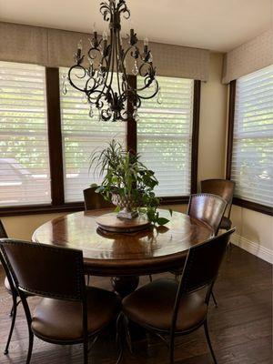 New custom valances in our kitchen and family room. Refurbished our french bistro chairs and fresh upholstery. Excellent craftsmanship!