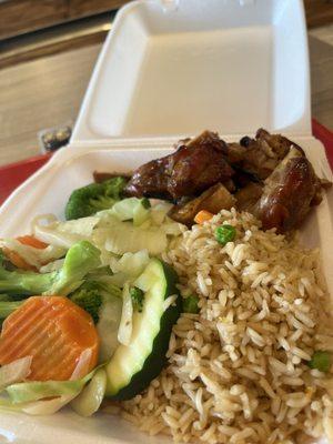 BBQchicken, fried rice and vegetables