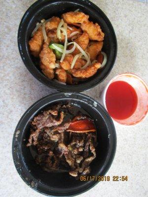 Orange beef and sweet and sour chicken. Very dry. GIven small container of some kind of red sauce. Beef crispy like bacon and no taste.