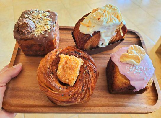 Ferrero Rocher Cube, Lemongrass Maple Coconut Round, Lardons Musubi Savory, and Purple Sweet Potato Pie Croissants