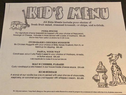 Kids menu