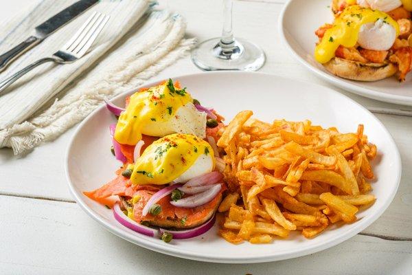 Santa Barbara Benedict-Wild caught Alaskan smoked salmon, red onions, capers, and hollandaise sauce.