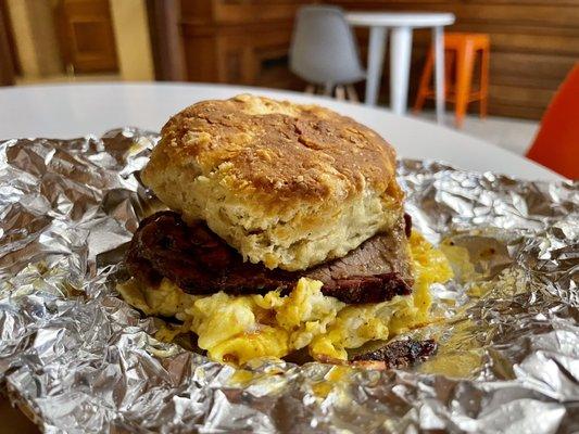 Smoked Brisket and Egg Biscuit (biscuit du jour)