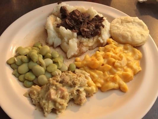 from the Buffet today (Sunday) Stew beef over potatoes, "flat" biscuit, mac & cheese, chicken pie and lima beans ($10 total includes tea)