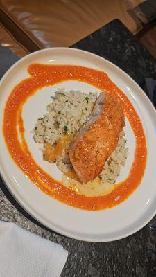 Orange marmalade glazed salmon with jasmine rice.