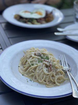 Bucatini carbonara and duck confit hash