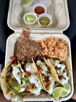 4 taco combo - carne asada and al pastor with delicious rice and beans