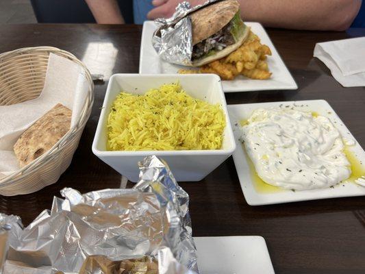 Rice, taziki and pita chips