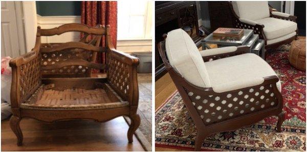 Before and after!! Incredible transformation. These became very comfortable and unique chairs.