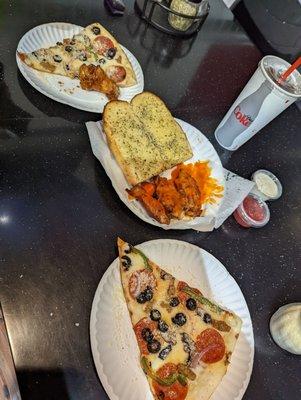 Supreme Pizza with 4 Piece Buffalo Wings Half Garlic Bread and a Medium Drink