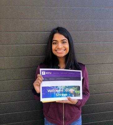 We would like to congratulate Shreya for getting into her first choice university, NYU ranked #30 in the nation! Hard work pays off!