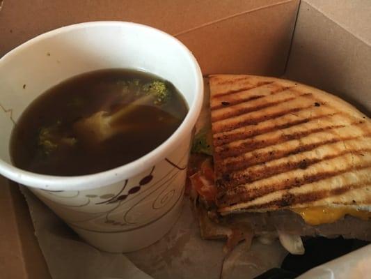 Asian beef and broccoli soup (special) and half a roast beef cheddar panini. YUM!