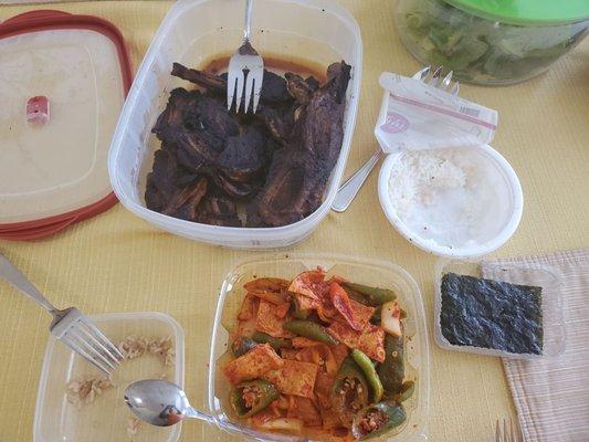 Marinated galbi, fish cake, dried seaweed. My grilling skills do not do this meat justice.