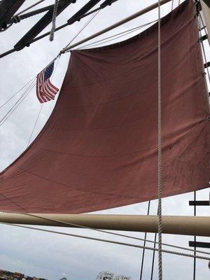 The Sails are catching the Wind. The Pirate Ship Formidable Rowes Wharf In Boston