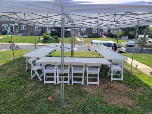 2 10x20 tent , 8ft rectangular tables, resin padded chairs.