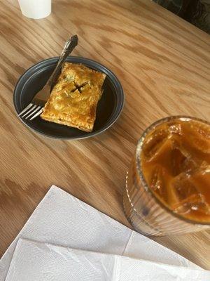 Sausage pesto goat cheese pop tart and cold brew coffee with almond milk and vanilla