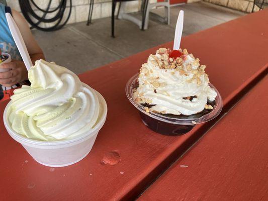 Coconut and key lime soft serve and hot fudge sundae