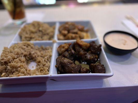 Chicken and Steak with Rice and yum yum sauce