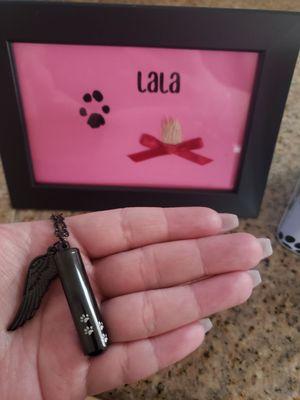 My necklace with my baby's ashes it and her keepsake with her fur and paw print