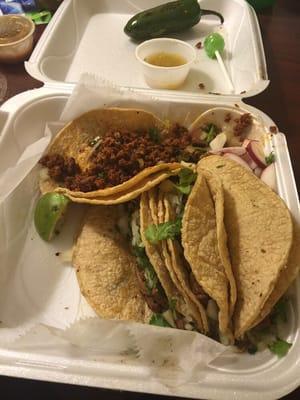 Tacos de lengua, chorizo, carne asada, chorizo