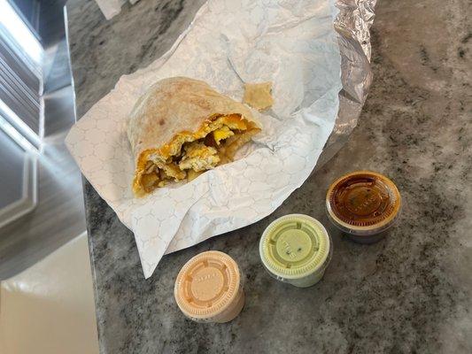 3. Breakfast Bacon Burrito - avocado salsa -hot salsa  chipotle salsa