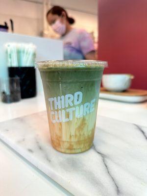 Iced caramel matcha latte