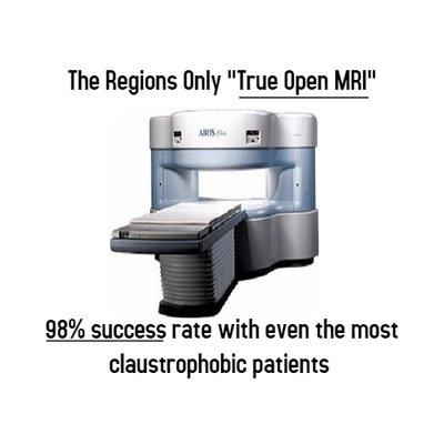 The regions only "True Open MRI" with a 98% success Rate with even the most claustrophobic patients!