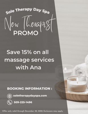 Schedule a Massage today and save 15% through December 2022