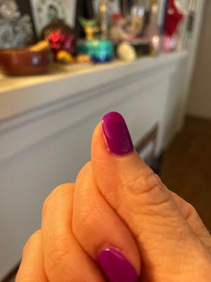 Dip & gel polish connected to cuticle near the bottom of the mail bed.  As my mail grows out this edge is likely to lift.