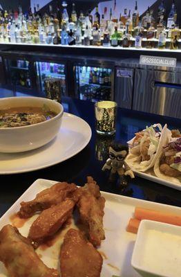 Veggie Lover Ramen, Hot Buffalo Wings & our Famous Fish Tacos! Wow! Best combination &  view! Come see us at 52 Eatery & Bar! Yum!!