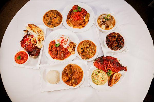 Egusi Soup, vegetables soup, Ogbono soup, Okra, fried rice, Jollof rice pepper soup, white rice, and stew.