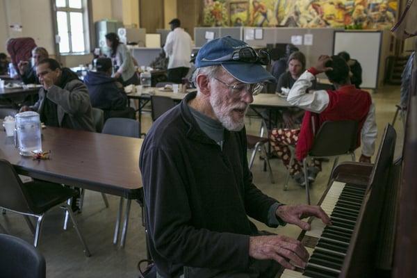 "I try to keep it lively, but several of the diners request ballads like 'Over the Rainbow,' 'What a Beautiful World,' and 'Amazing Grace'."