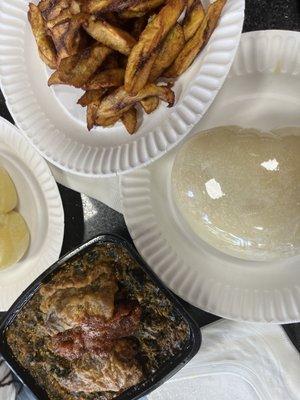 Egusi soup w/ trout , iyan, fufu and fried plantains