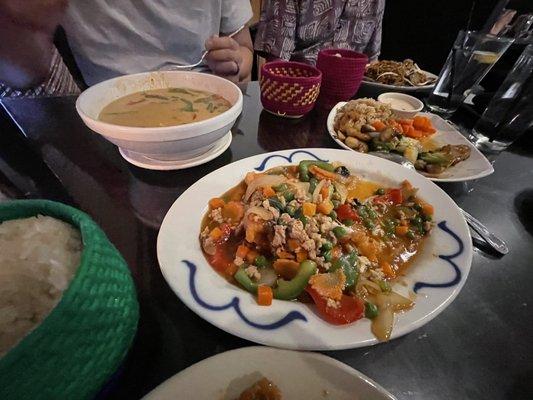 Left: Red Curry  Center: Catfish (Basil Sauce) Right: Shrimp Teriyaki  Top right: Pad Thai