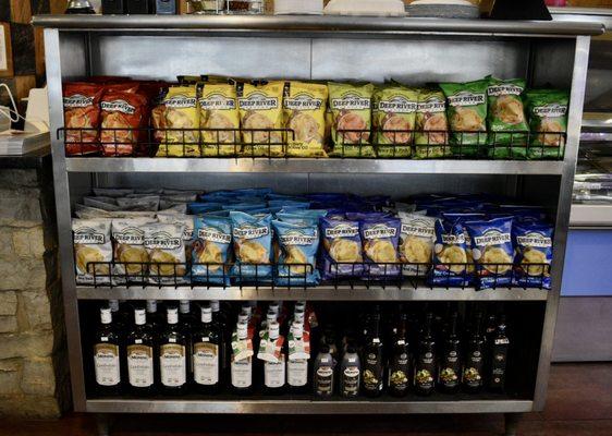 Our selection of Deep River chips as well as olive oils, balsamic glaze & vinegar.