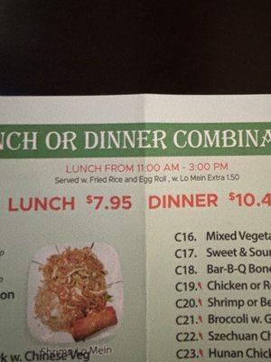 Dinner menu lunch that says 11-3