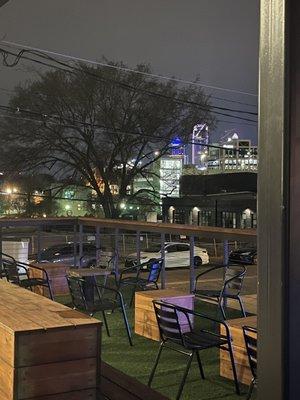 View of one small section of a Pins huge wrap around Patio space.  This one overlooks Downtown Charlotte.