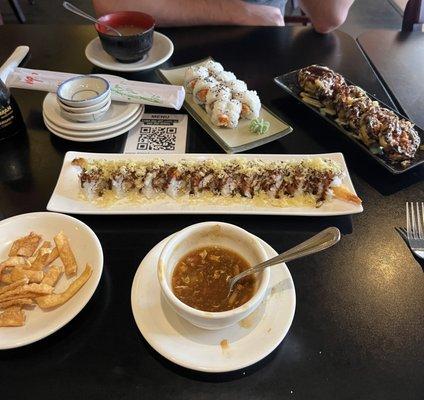 Hot & Sour Soup, Miso Soup, Spicy California roll, Crunch roll, Spicy Salmon roll.