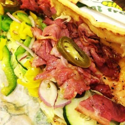 Hot pastrami on flatbread