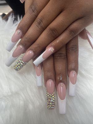 Long square, French tip with bling