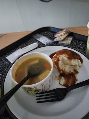 After getting out of the OR and re-oriented to surroundings, I got veggie both, chicken noodle soup and mashed potatoes with gravy.