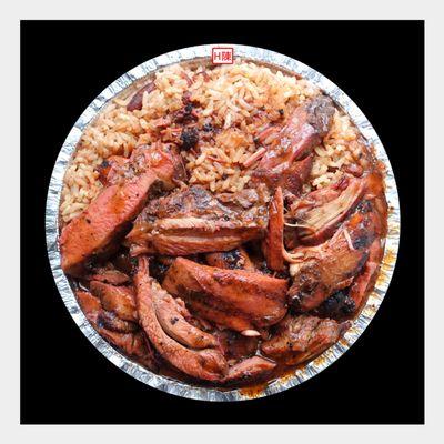 large jerk chicken over rice & peas for $10? (no tax)...