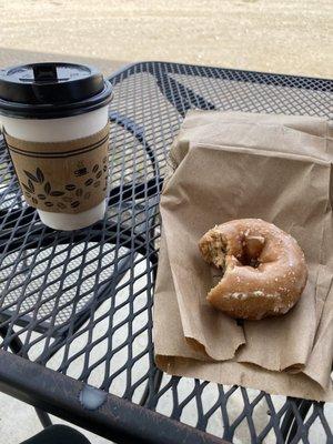 Glazed apple cider donut and a vanilla latte