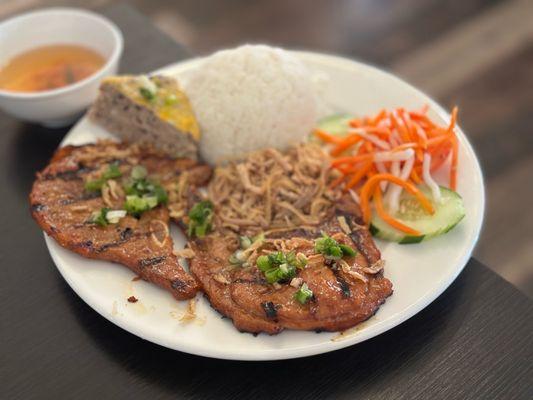 Rice Plate with Pork Chops, Shredded Pork and Meatloaf