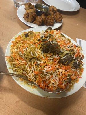 Lamb Dum Biryani and Chicken Tikka Pakoras