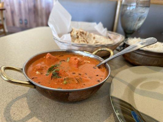 Butter Chicken, Plain naan, and Basmati Rice.