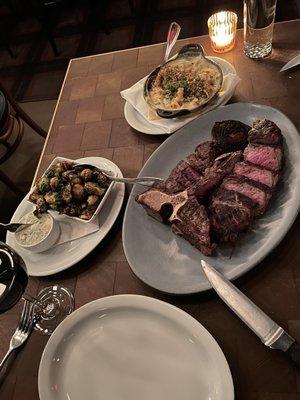 Porterhouse for two Mac and cheese and Brussels YUMMY!!!